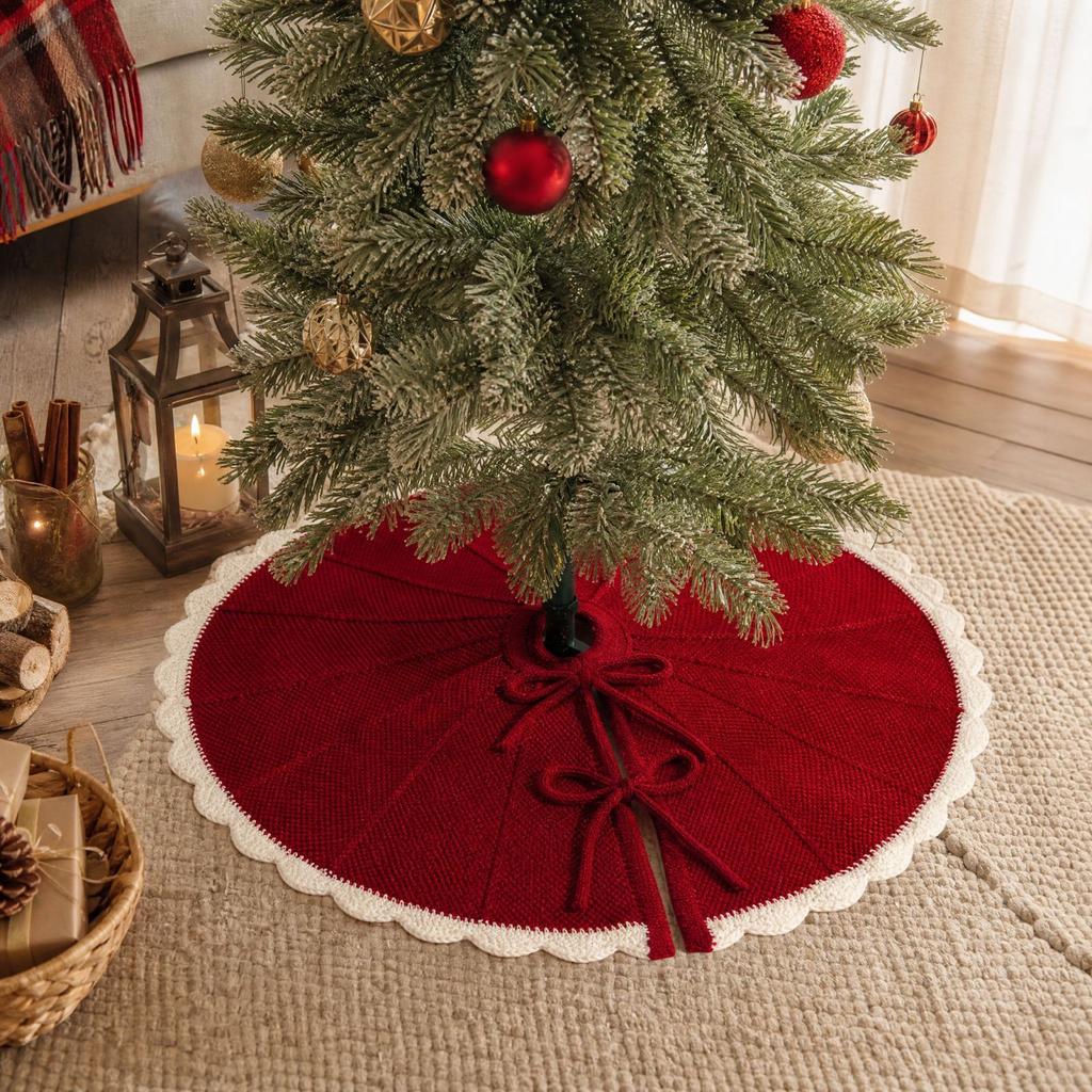 Knitted Christmas Tree Skirt with Petal Design, Inch Tree Base Cover for Holiday Christmas Decor