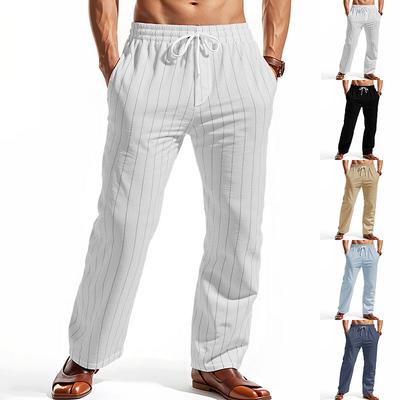 Linen Beach Trousers with Drawstring and Vertical Stripes Straight-Leg Comfortable Breathable Casual Long Trousers for Men