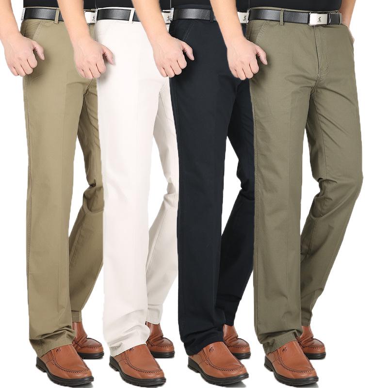 Men's Plus Size High Waist Cotton Work Pants - Summer Lightweight Casual & Formal Straight Leg Trousers for Middle-Aged & Elderly.