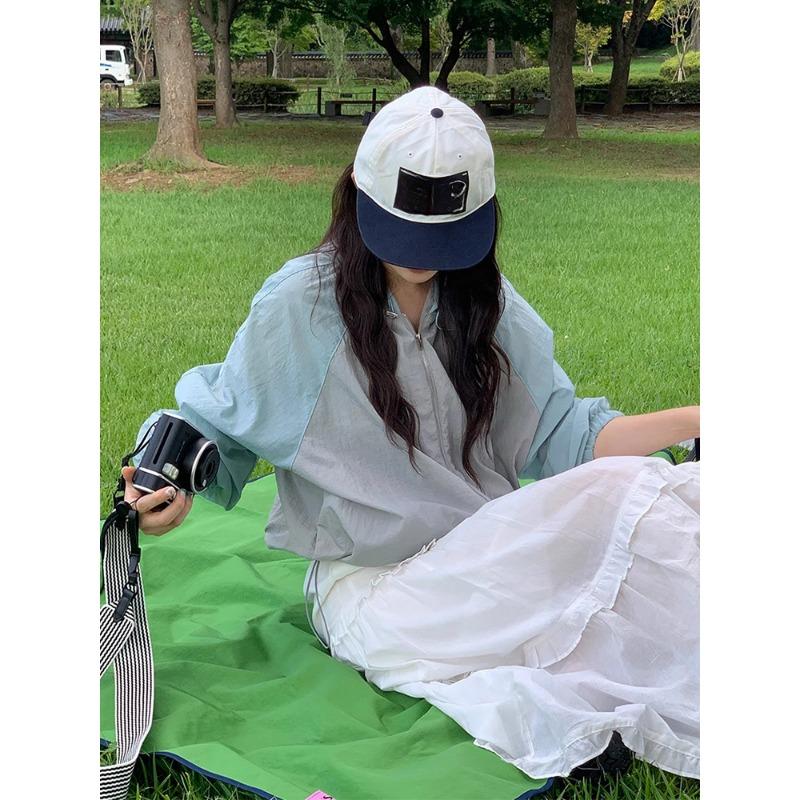 South Korea Chic Autumn Retro Drawstring Contrast Color Patchwork Design All-Match Long Sleeve Hood Jacket Women