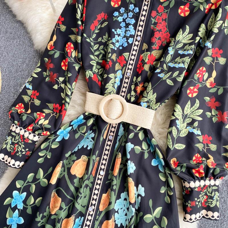 Autumn Sashes Flower Print Long Sleeve Dresses Women Button Vintage Maxi Dress Stand Collar Slim Waist Vestidos