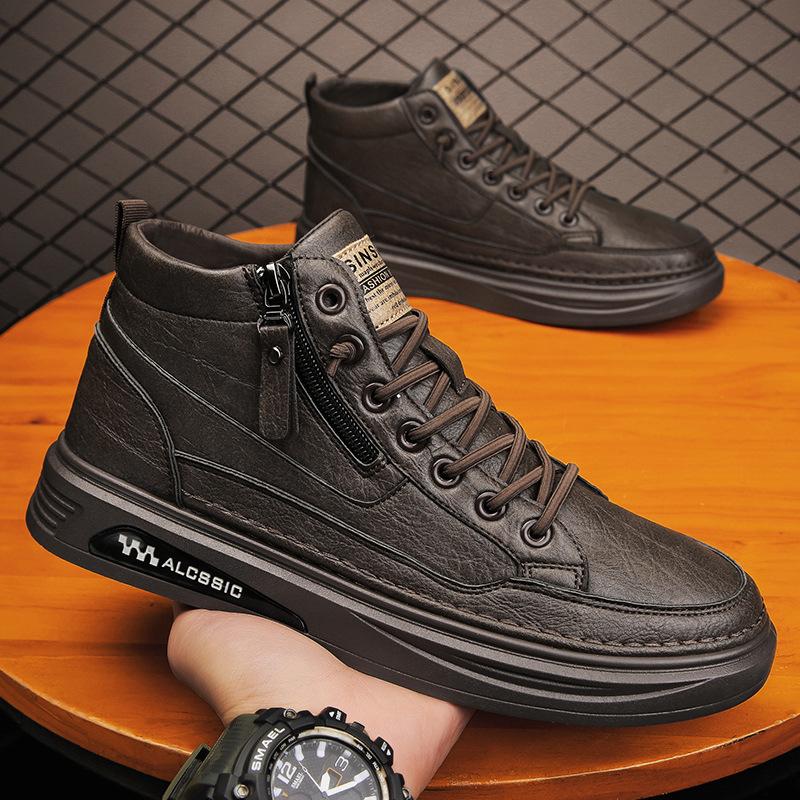 High-top men's shoes winter velvet warm cotton shoes men's casual leather shoes leather surface waterproof middle top