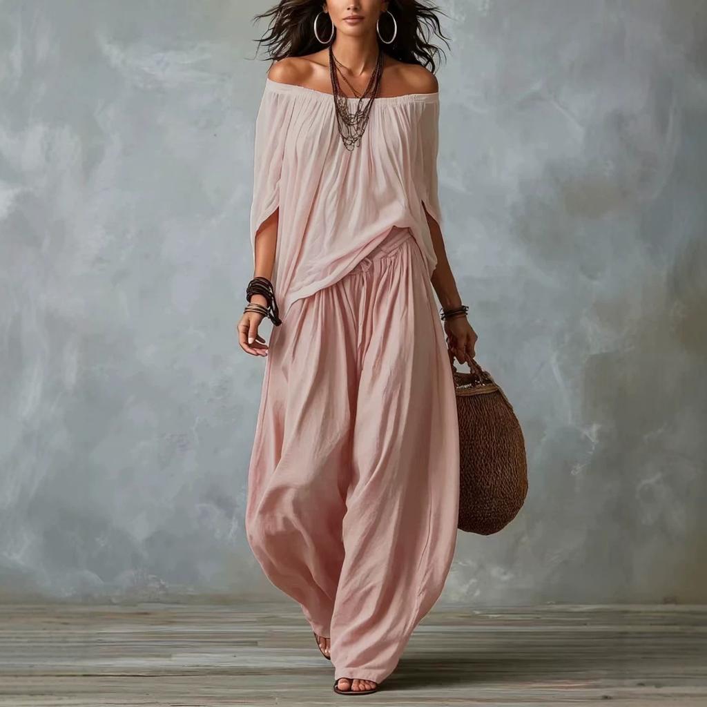 1116 Nouveau pantalon large décontracté haut de gamme pour femme été européen et américain avec un haut Bardot exquis à col une épaule