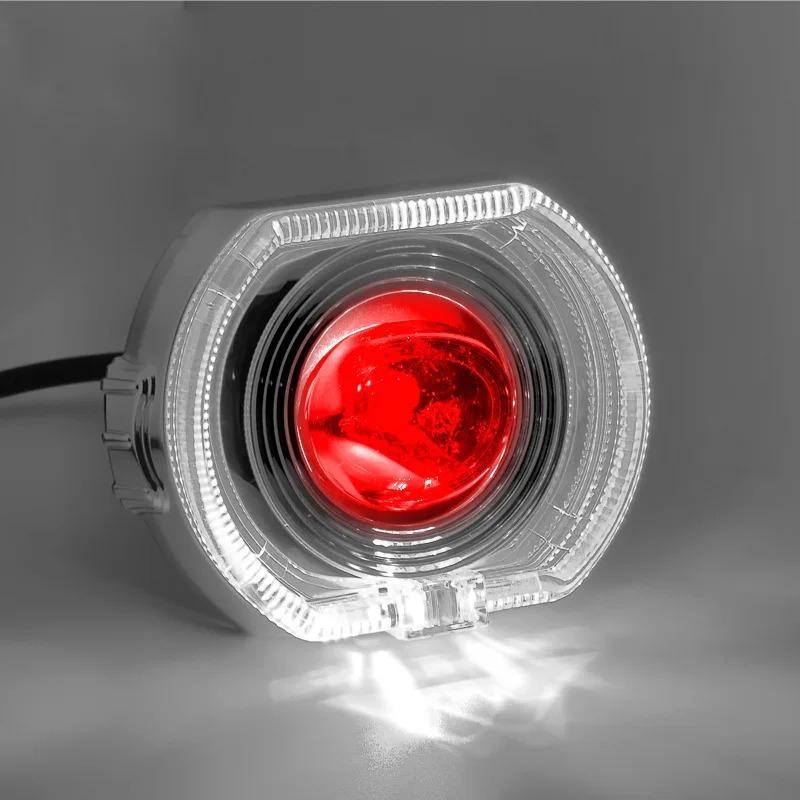 LED Headlight Projector Lens Dual Halo Angel Eyes with Devil Effect for Car & Motorcycle High/Low Beam DRL Strobe Mode Support