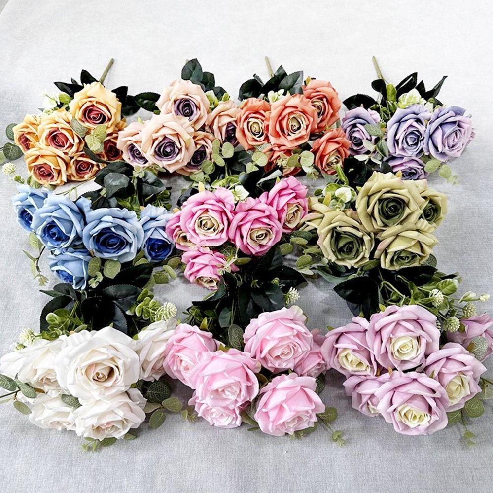 Silk Petal Artificial Flower Rose Multicolor Faux Eucalyptus Leaves  Gift