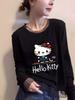 Women's Retro Mesh Long Sleeve KT Cat Print T-Shirt - Slimming Elastic Base Layer for Autumn/Winter