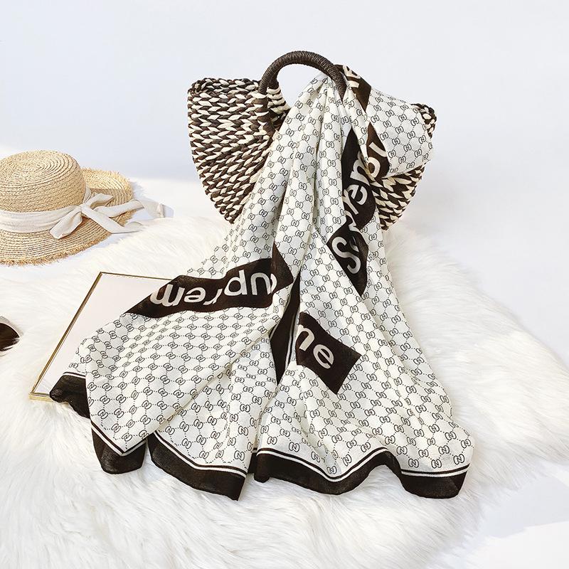

Women Scarf Cotton Linen Beach Sunscreen Letter Retro Printed Scarf Air Conditioning Shawl Scarf White #1