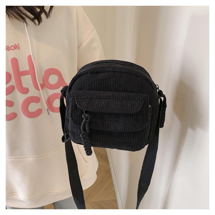 Corduroy Simple Solid Color Strip Velvet Bag Women'S Bag Winter Round Striped Shoulder Underarm Bag