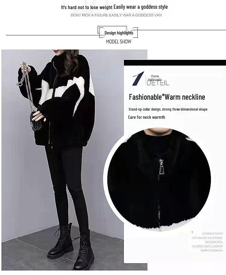 Women's Plush Korean-Style Loose Coat: Spliced, Thickened, for Autumn & Winter Fashion 2023