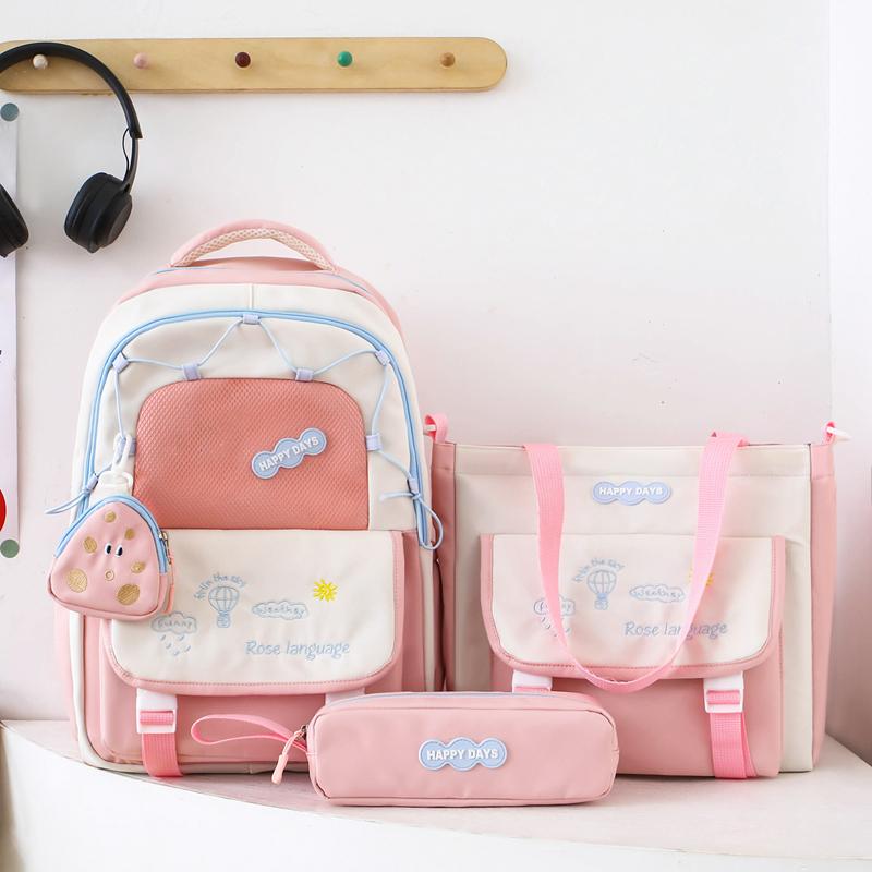 Three-Piece Backpack Set Color Block Student Schoolbag Girl Large Capacity Backpack