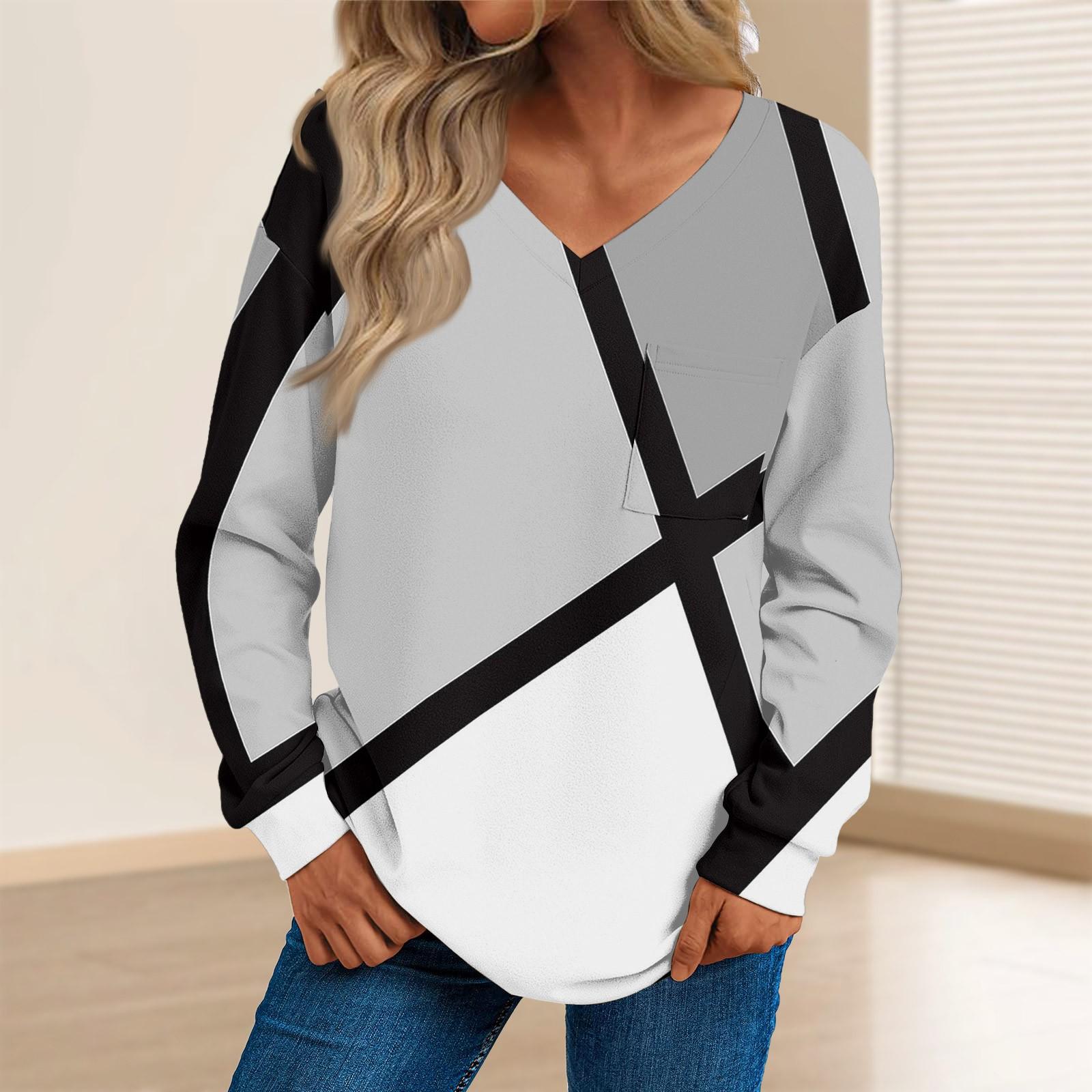 Женская мода повседневный свитер с длинным рукавом и принтом V-образным вырезом L