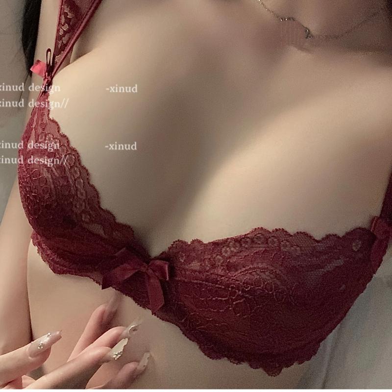 Red Lace Push-Up Bra with Satin Bow Details and Adjustable Straps
