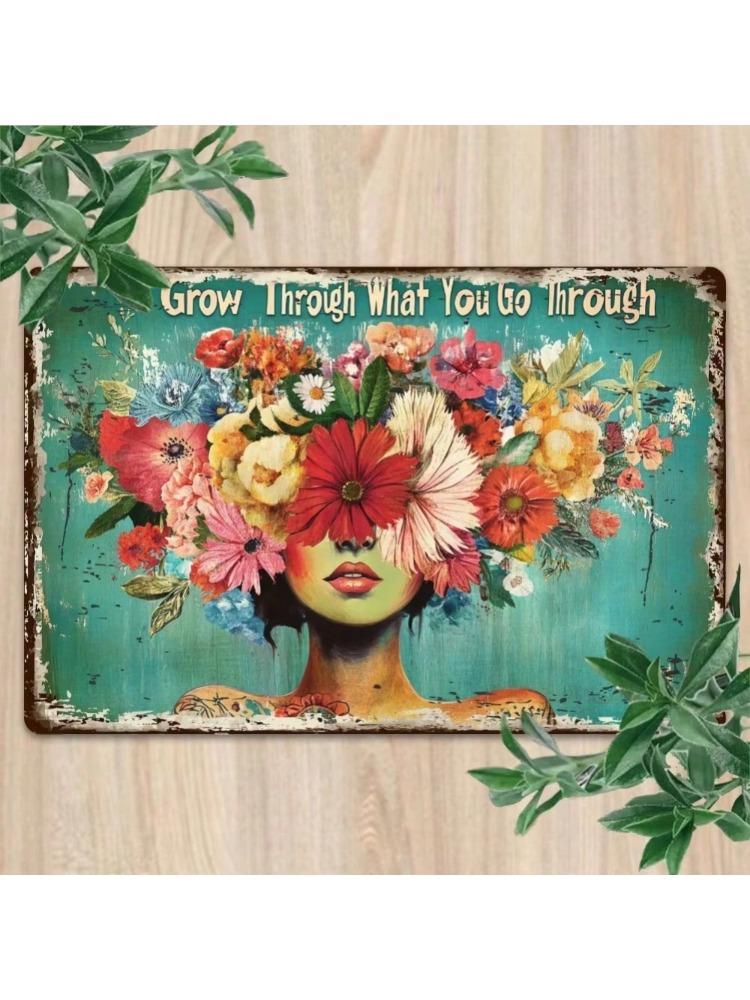 RusticInspire Vintage Metal Wall Sign - Grow Through What You Go Through, Floral Farmhouse Sturdy Indoor Outdoor Decor