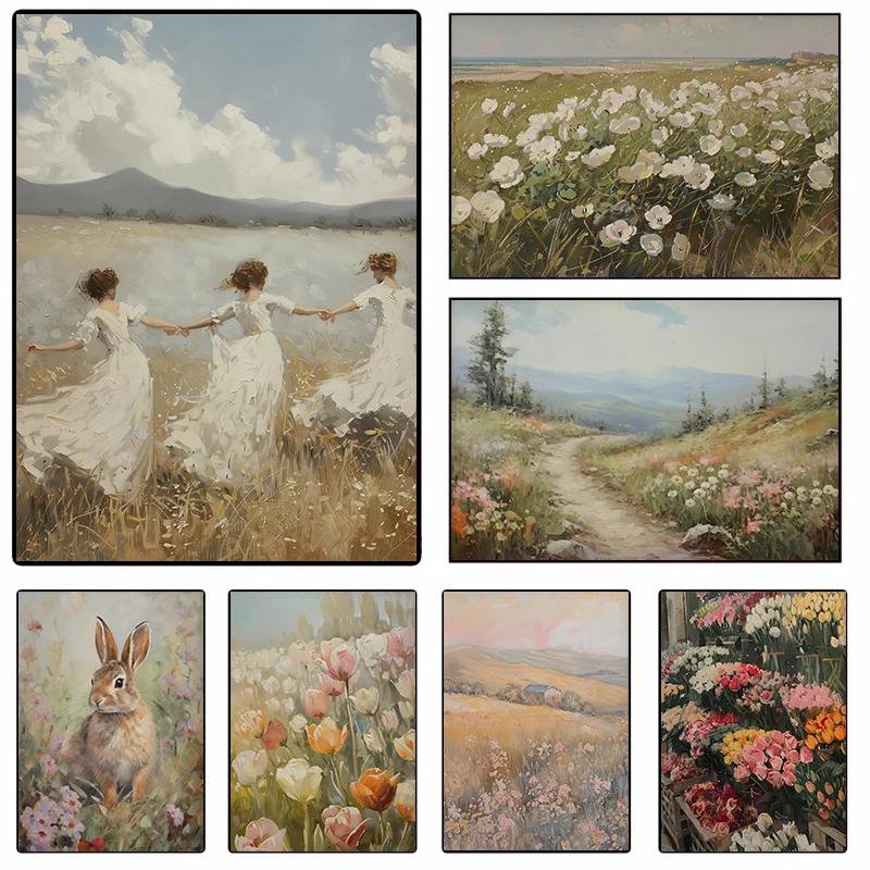 Colorful Spring Tulip Meadow Floral Grass Landscape Wall Art Poster Canvas Painting Pictures Rustic Farmhouse Office Home Decor