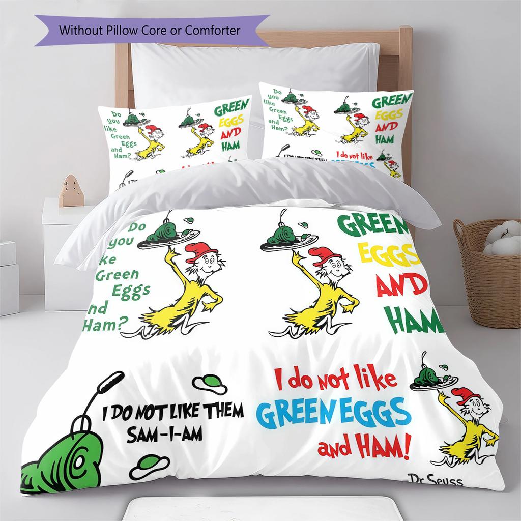 Green Eggs and Ham Pattern Bedding,Quilt Set Quilt Cover Pillowcase Home Birthday Gift (1 * duvet cover + 2 * pillowcase, without core)