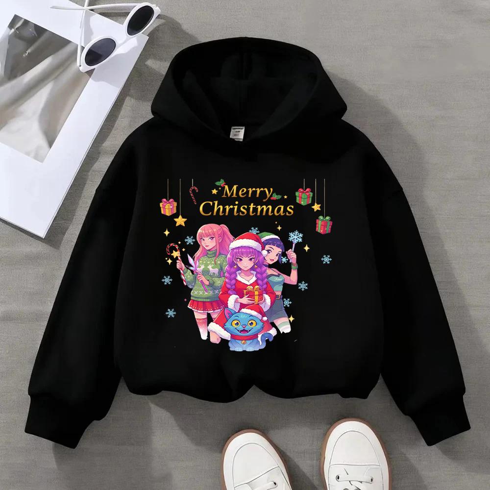

Festive Christmas Kids Hoodie with Adorable Anime Girls and Cute Cat Design for Season s Greetings 100