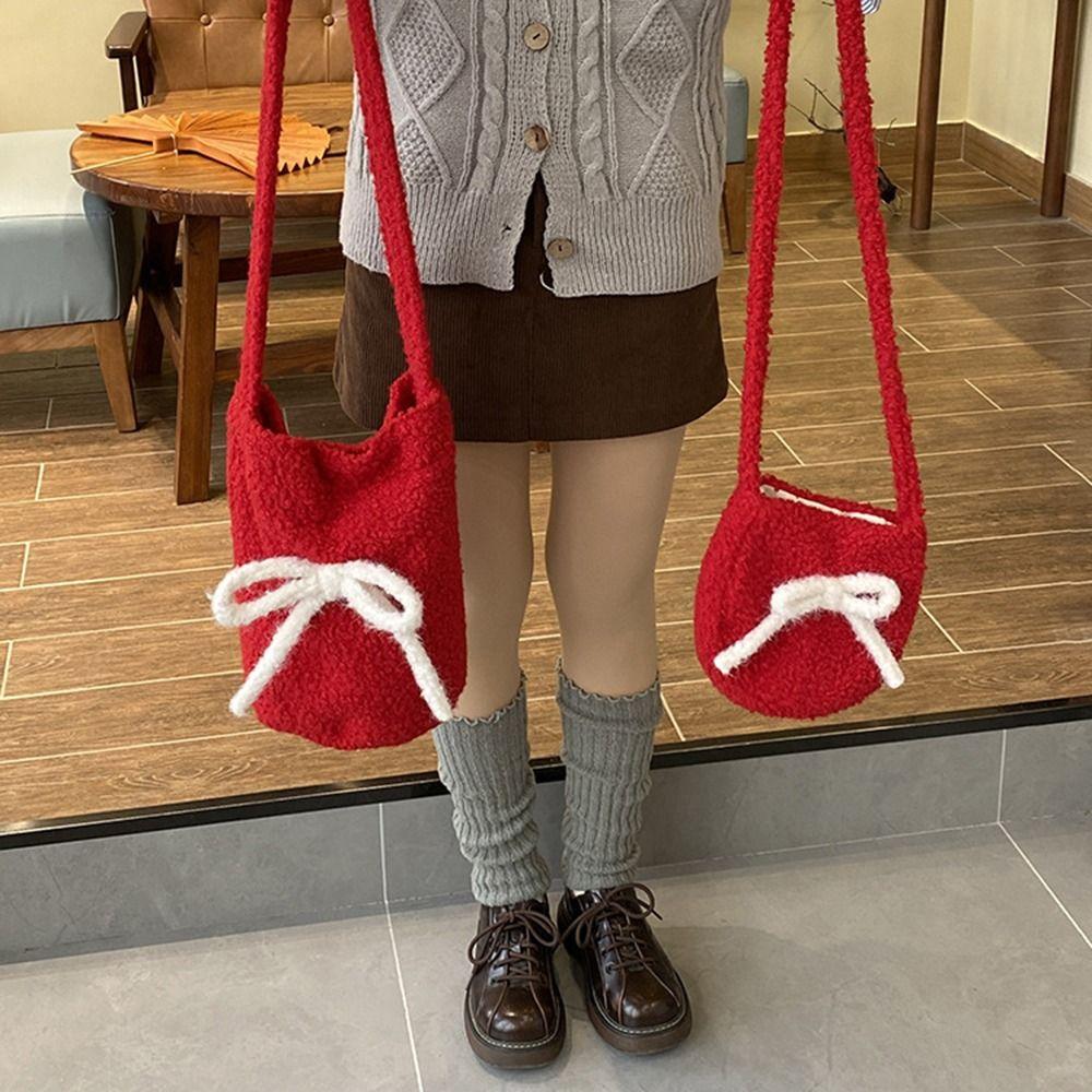 Bow Decoration Plush Bucket Bag Large Capacity New Year Red Tote Christmas Shoulder Bag  Women