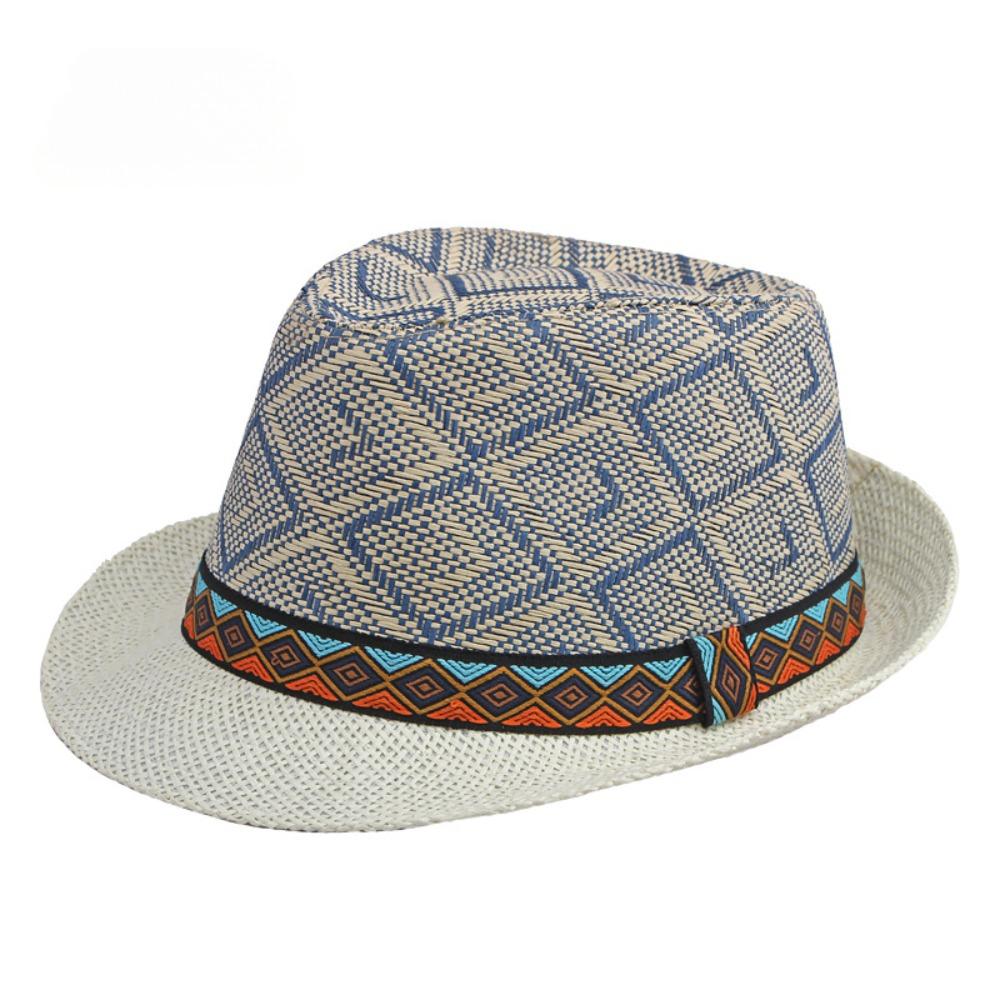 

Plaid Panama Jazz Hat Straw Fedoras Cap Fashion Sun Cap Summer синій