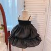 Dark Style Pleated Mesh Skirt Dress with Spaghetti Straps for Girls
