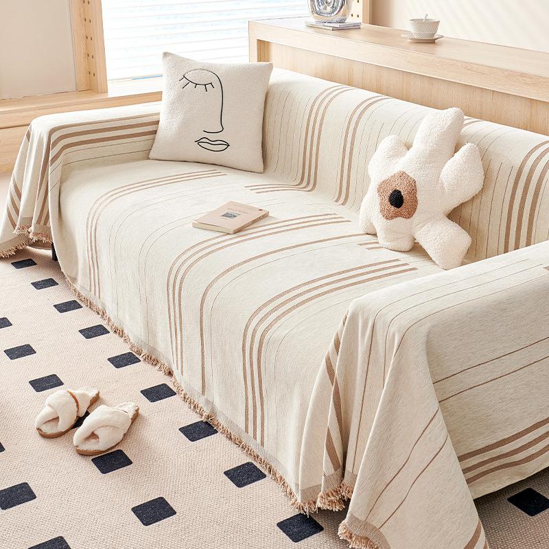 Europe Striped Sofa Towel Thick Cover Cloth Chenille Jacquard Universal Tassel Sofa Cover Anti Slip One Piece Backrest Towel