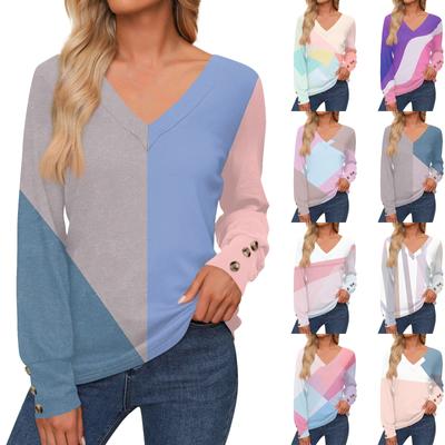 Women's Casual Fashion Splicing Color Long Sleeve Cuffs Button Shirt V Neck Casual Loose T-Shirt Autumn Clothing
