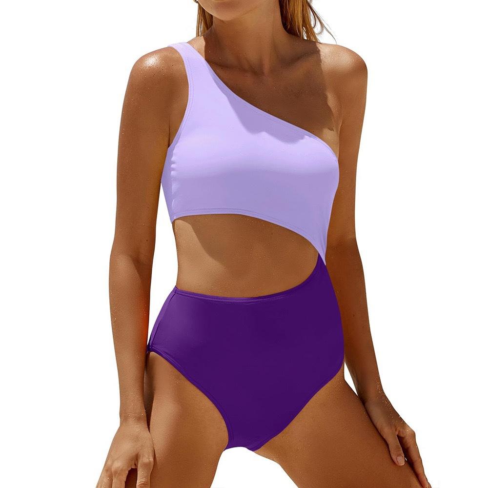Women's Fashion Color Block One-Shoulder One-Piece Swimsuit