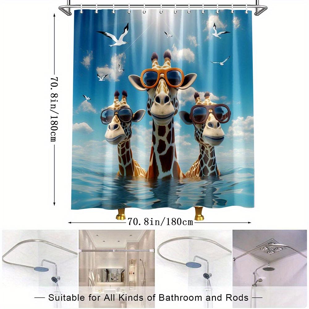 1Pc Playful Cgi Giraffes Ocean Shower Curtain Three Human-Like Giraffes Orange Fashion Glasses Radiant Sun Halo Blue Sky White
