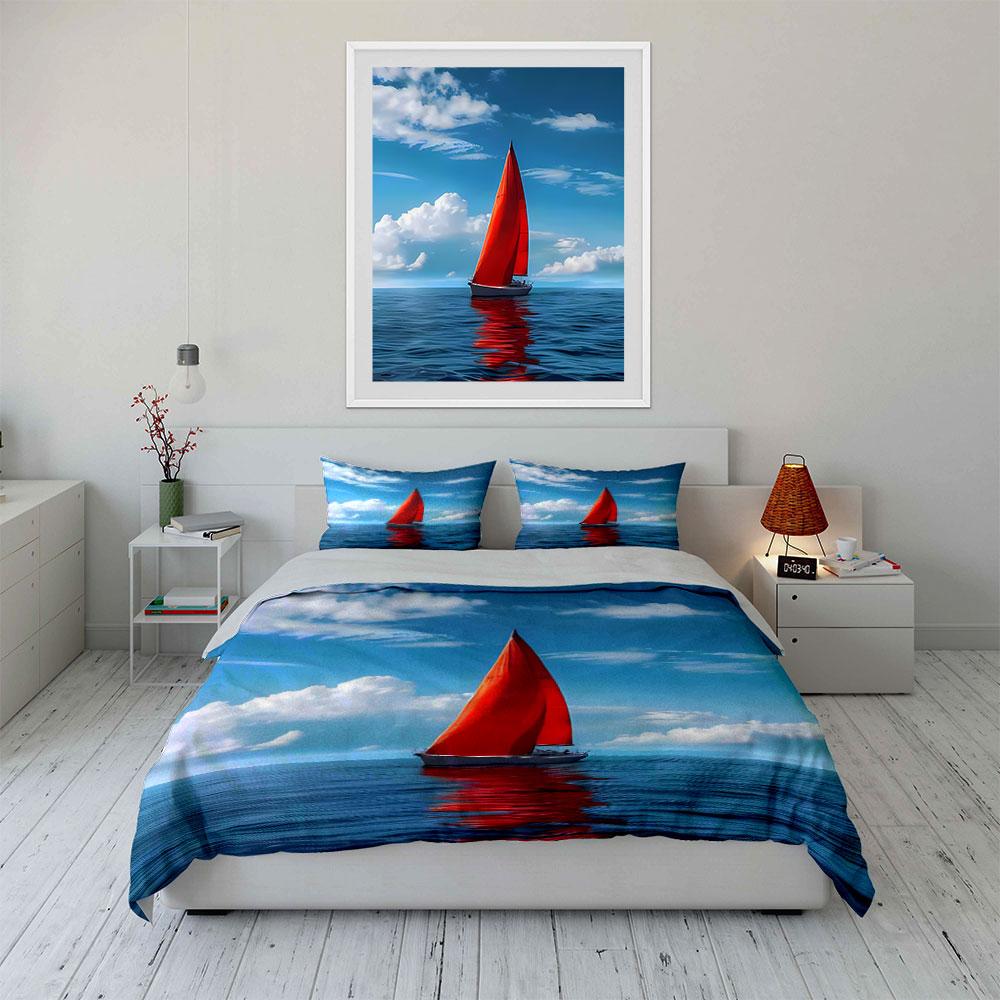 Red Sailboat Ocean Bedding Set Bedding Duvet Cover Set Duvet Cover Pillowcases (1 * Duvet Cover 2 * Pillowcases, Without Duvet Insert)