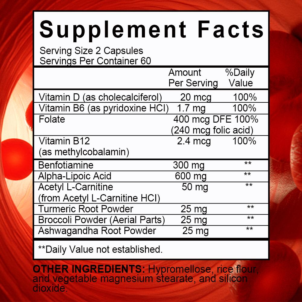 Neuroprotective capsules containing sulfur octanoic acid turmeric vitamin B120 capsules vegetarian capsules