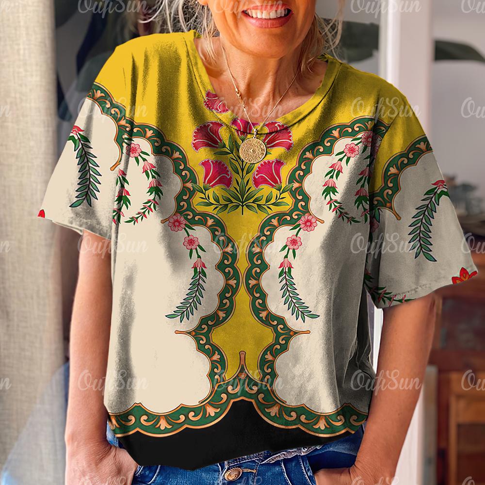 Retro Women's T Shirt Ethnic Pattern Print Summer Short Sleeve Oversized Clothing Street Casual O Neck Pullover Female T-Shirts