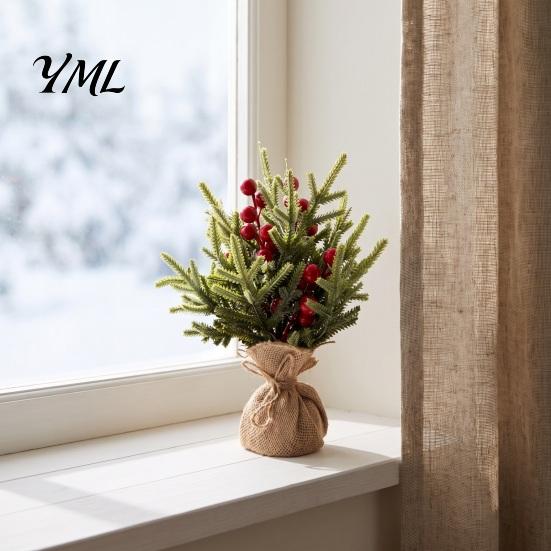 Miniature Tree for Office Desktop Christmas with Red Berries, Artificial Mini Pine Burlap Base, Tabletop Faux Small Potted Holiday Party Home