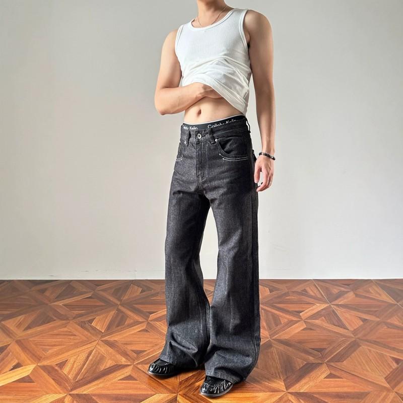 Mens Retro High-Street Straight Fit Denim Jeans With Embroidery Detail Mid-Rise Slightly Flared Cleanfit Style