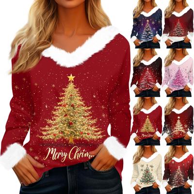 Women's Fashionable Casual V-Neck Christmas Print Long-Sleeved Top
