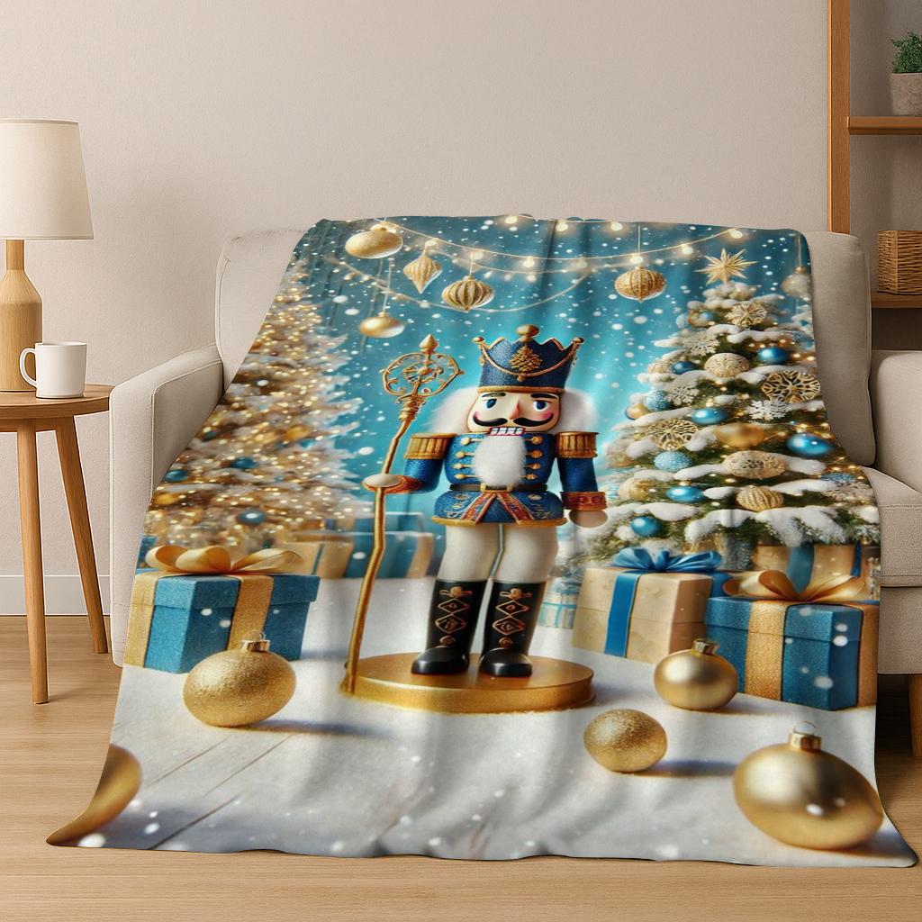 Frohe Weihnachten Baum Nussknacker Cartoon Puppe Neujahrsgeschenk Flanell Decke, Weiche Wohndecke für Zuhause Schlafzimmer Bett Sofa Kinder