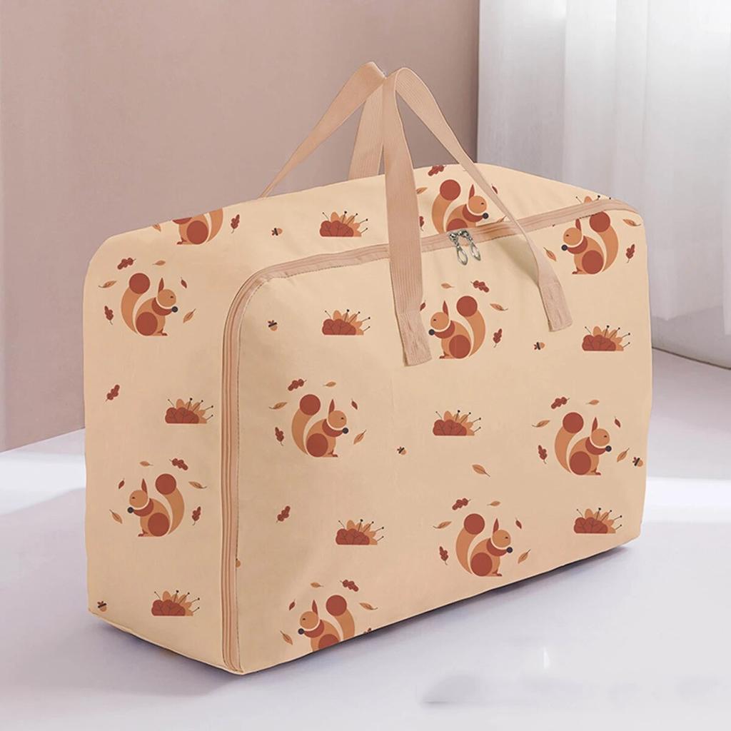 Foldable Quilt Organizer Storage Bag with Zipper Closet Clothes Luggage Moisture-Proof  Bag New Brown Leaf Squirrel Pattern Cotton Quilt Storage Bag