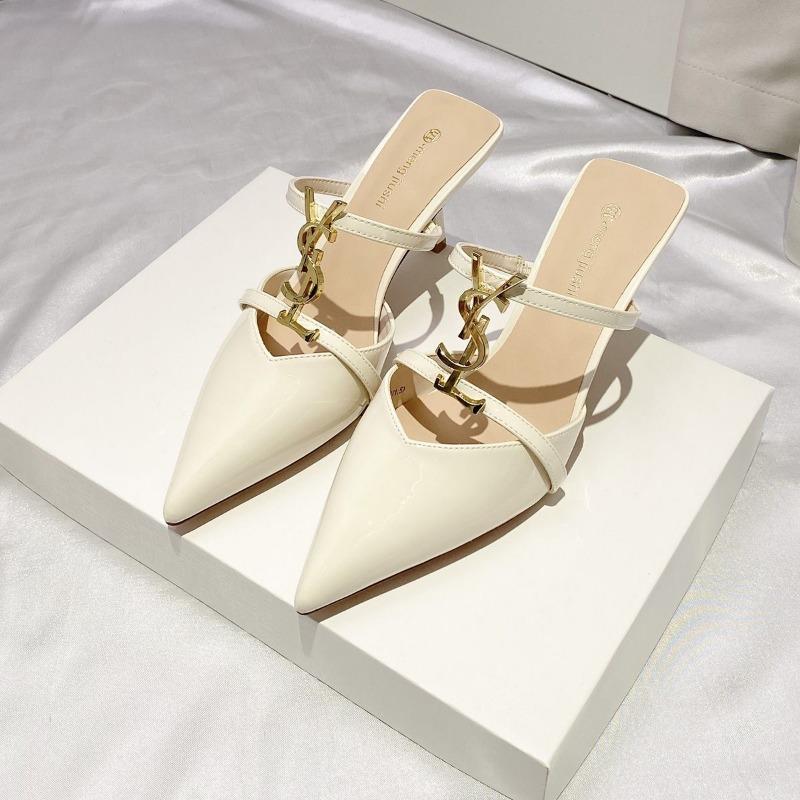 Patent Leather Metal Letter Bag Head Half Slippers Women Wear High Heels Summer New Thin Heels Pointed Fashion Vs