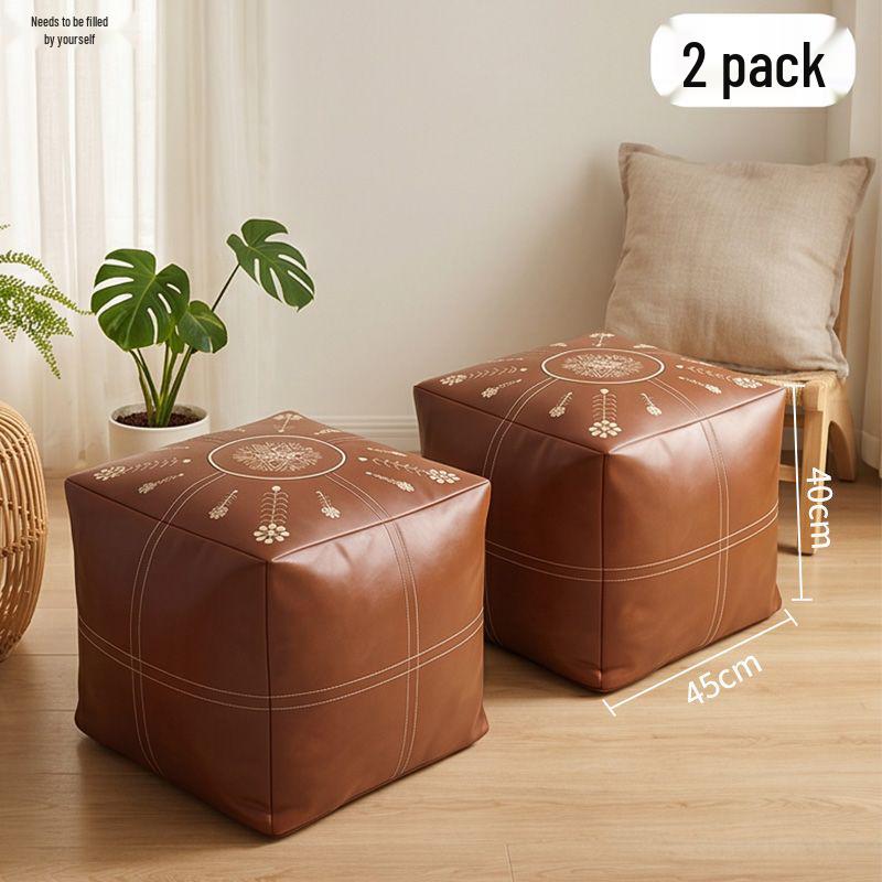Coffee-Colored Embroidered Leather Ottoman with Storage