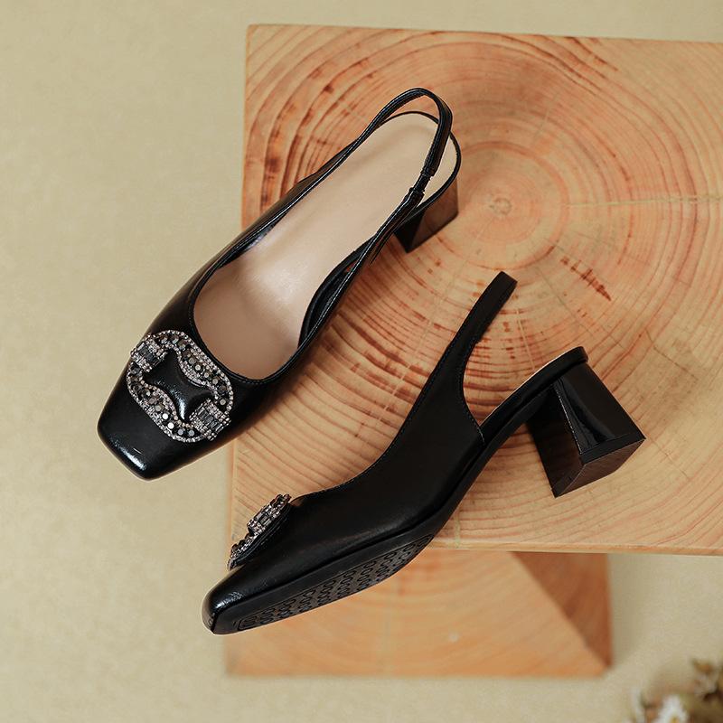 Baotou Sandals Women's Summer 2025 New One-word with Silver High Heels, Not Tired of Square Feet, Medium Thick Heels, Single Shoes