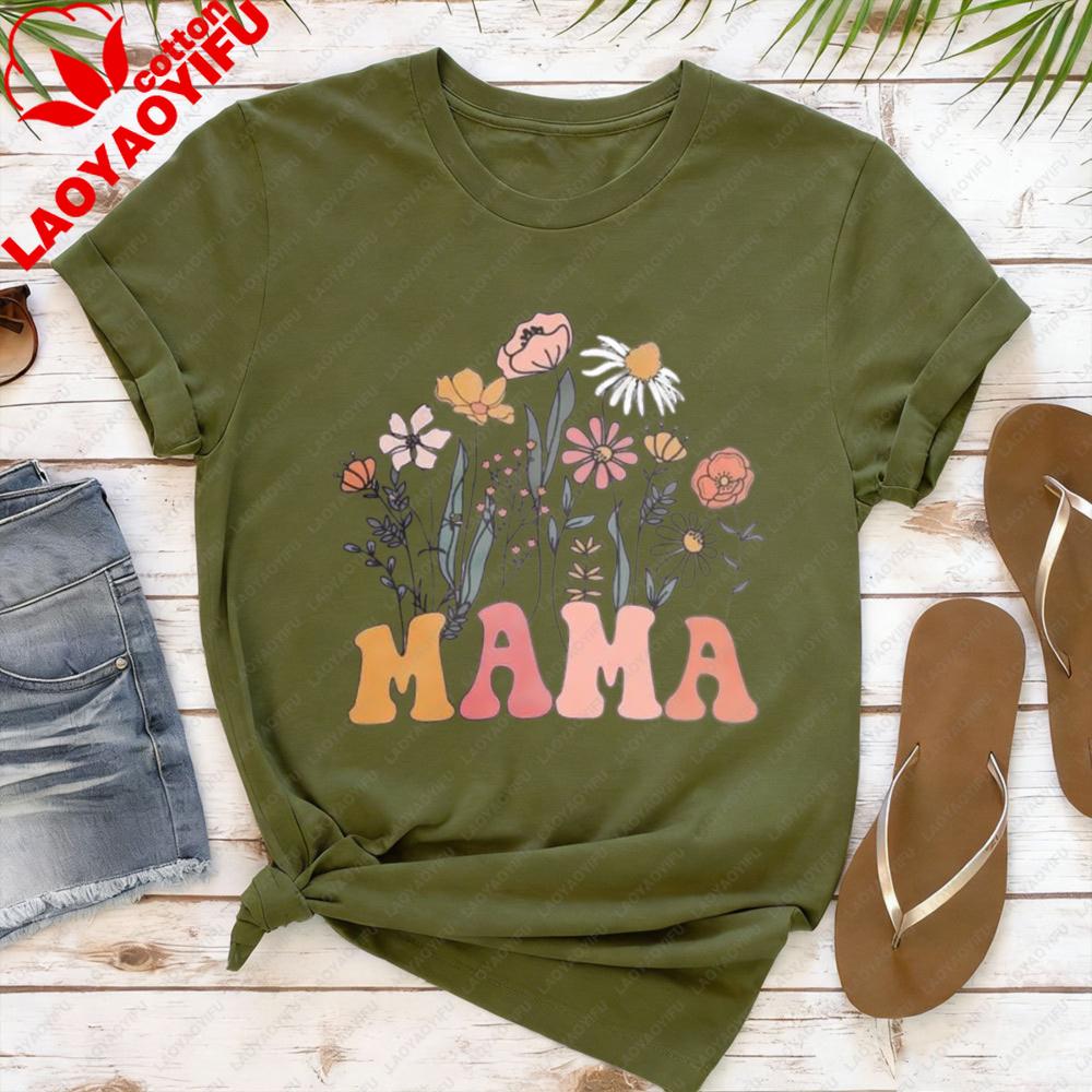 Mama Floral Shirt Women Mom Vintage Boho Wild Flowers Graphic Tshirt Cottagecore Gardening Tops Mothers Day Gift Casual Tee