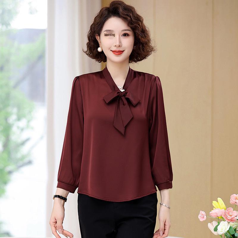 

Весна/Лето 2025 Блузка с рукавом средней длины из сатина для мам – Футболка из искусственного шелка для женщин среднего возраста XXL (220-240 lbs) вино красного