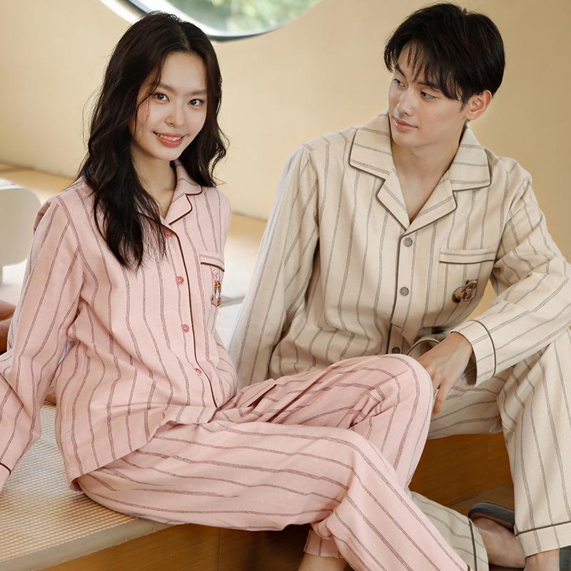 Couple pajamas women's autumn and winter pure cotton polished beast striped simple casual long-sleeved loungewear set