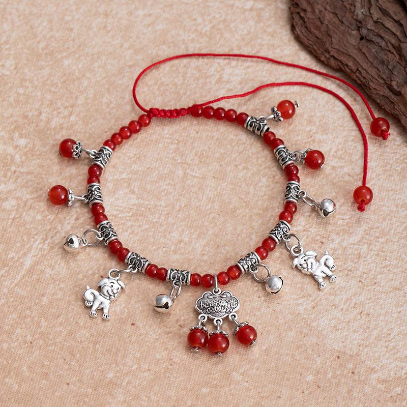 Imitation Red Agate Zodiac Foot ChainRed Rope Bell Hidden Silver Peace Lock Foot Rope Accessory