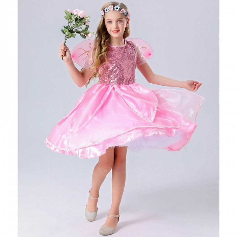 S-XL Halloween Pink Angel Costume Kids Wings Snow White Dress Girls Role Play Party