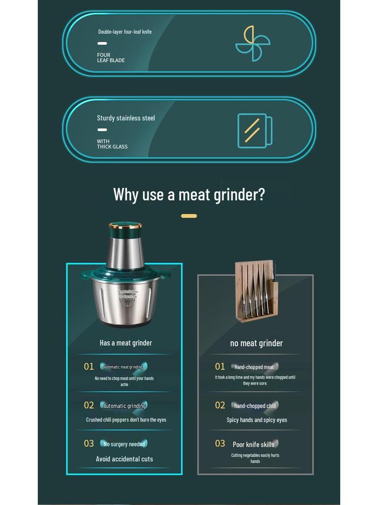 Compact 3L Stainless Steel Electric Meat Grinder & Food Processor