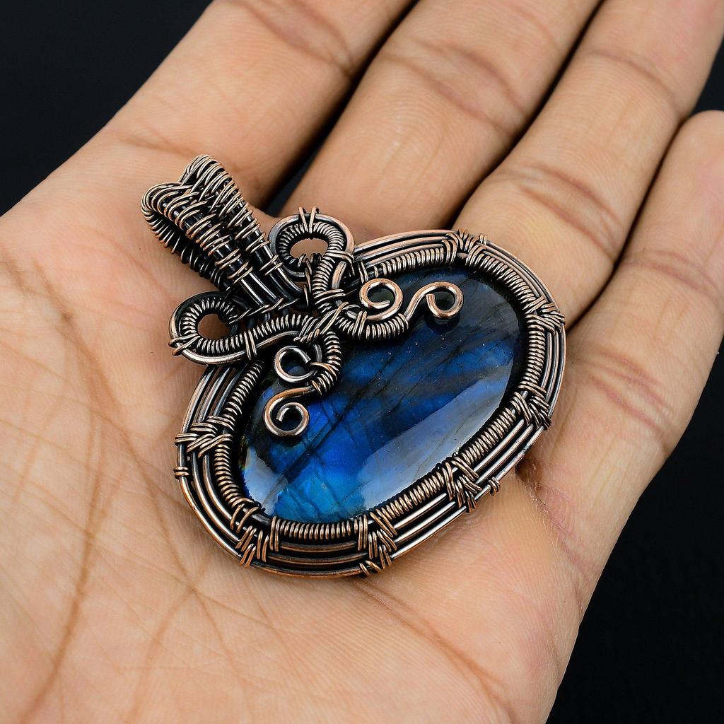 Blue Flash Labradorite Handmade Pendant, Natural Gemstone Jewelry, 999 Copper Wire Wrapped Pendant Jewelry, For Gift