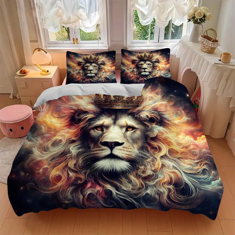 3pcs Lion's Crown Amidst Celestial Flames Bedding Set - Includes 1 Quilt Cover and 2 Pillowcases, Comfortable Bedding with Stylish Design for Bed