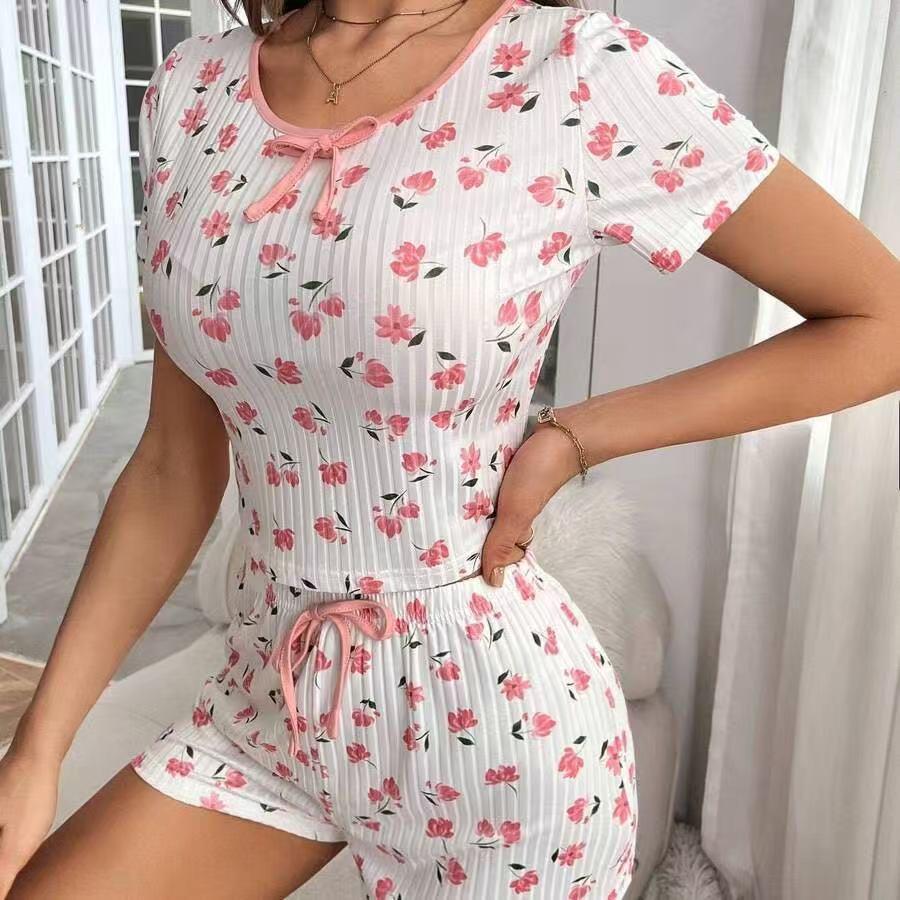 European & American Sexy Floral Print Rib-Knit Pajama Set with Camisole and Shorts