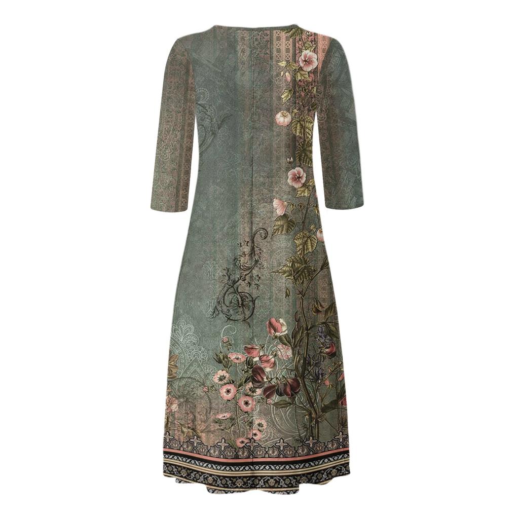 Women's Summer Casual V-Neck Button Vintage Floral Print Three-quarter Sleeve Long Dress With Pockets