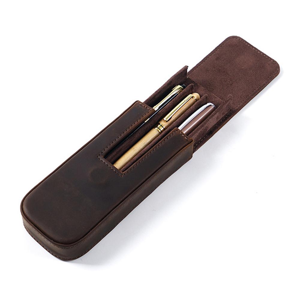 Retro Genuine Leather Zipper Closure Fashion Durable Pencil Drawer Organizer Crazy Horse Cowhide Pen Storage Three Pen Case Bag