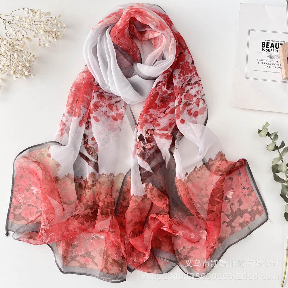 Neuer Sonnenschutz Langer Seidenschal Mohnblume Dünne Imitationsseide Frühling und Sommer Georgette Dekoration Damen Bedruckter Schal